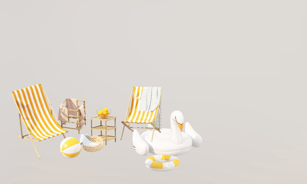Summer beach background with yellow striped chairs, swan inflatable, beach balls, table and clean copy space for advertising.