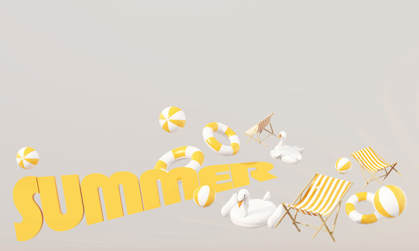 Wide summer marketing banner with yellow text, inflatable pool toys, beach chairs, balls and clean space for seasonal sale design.