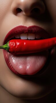 Woman eating red hot chili pepper.