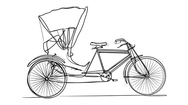 Vintage tricycle rickshaw illustration white background.