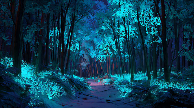 A glowing forest path illuminated by bioluminescent plants, symbolizing visionary guidance.(3)