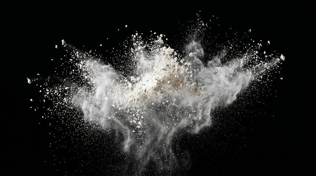 White flour explosion splash cloud, isolated on black background.