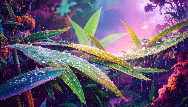 Close-up of vibrant green leaves adorned with numerous glistening dewdrops after a refreshing rain shower