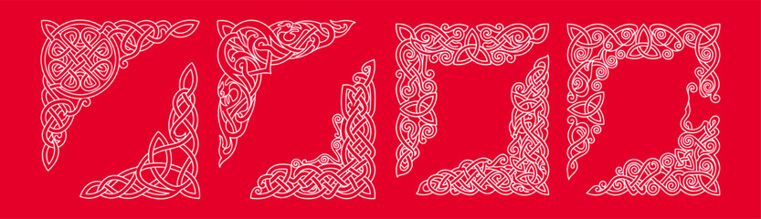 Celtic corner borders set featuring intricate knotwork designs and traditional viking style patterns isolated on a vibrant red background © graphophonic
