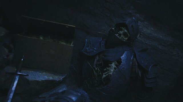 Armored skeleton reclined beside chest, corroded helmet and shattered pauldrons, rusted sword halfburied in mud, torchlight casting warm highlights on bone