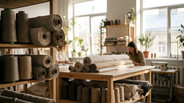 Artisan sewing studio with fabric rolls and thread spools, professional tailor workshop interior, sustainable textile manufacturing workspace