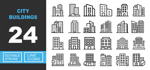 City buildings set of web icons in line style. Containing skyscraper, office, apartment, tower, hotel, house, property, real estate, downtown, architecture, district, plaza, commercial. © Elgatoe