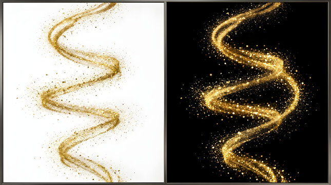 Golden Sparkle Swirl: A dynamic, spiraling ribbon of golden glitter and dust, captured against both a stark white and a deep black background, creating a sense of magic and elegance.