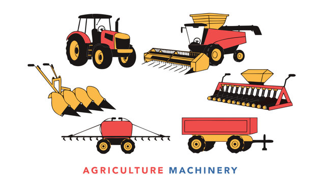 Very beautiful realistic vector illustration of an agriculture machinery collection featuring tractor, combine harvester, plow, seed drill, sprayer, trailer, and a bold label reading "AGRICULTURE MACH