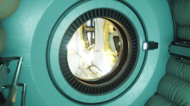 Capsule viewport revealing bright exterior with reflected machinery and thermal insulation, circular frame catching warm sunlight, control fasteners