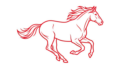 Red line art of a galloping horse with flowing mane and tail on white background © diwi