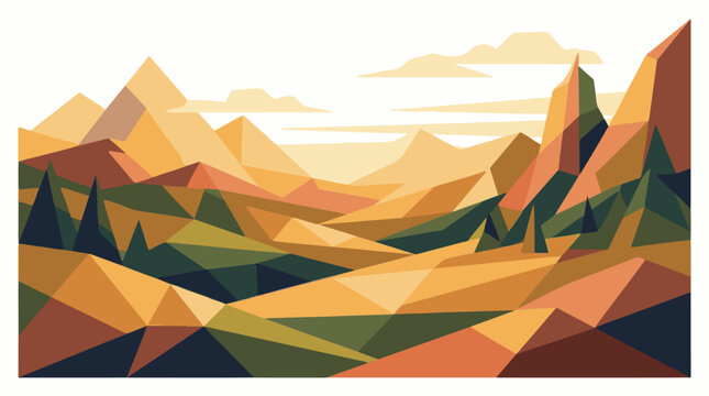 Geometric mountain landscape with a warm autumnal color palette