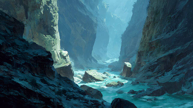 A glowing river carving its way through a rocky canyon over millennia.(3)