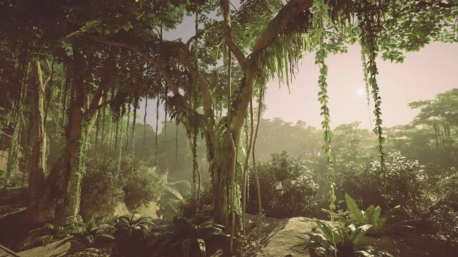 Sunlit tropical jungle with hanging vines, botanist fieldsite vibe, mosscovered roots and warm golden haze filtering through dense canopy, soft lens flare