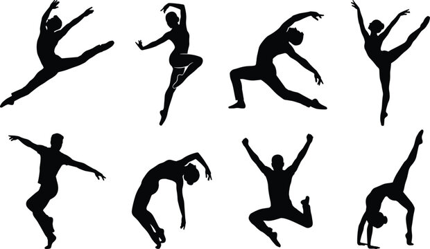 Collection of ballet contemporary and modern dancer silhouettes performing elegant leaps and poses isolated on white background