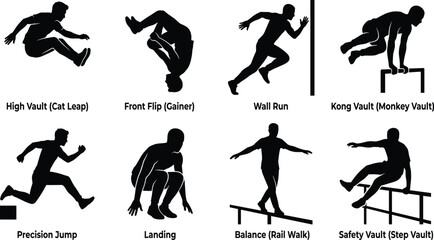 Collection of parkour and freerunning athlete silhouettes performing extreme stunts and jumps isolated on white background © MdSohel