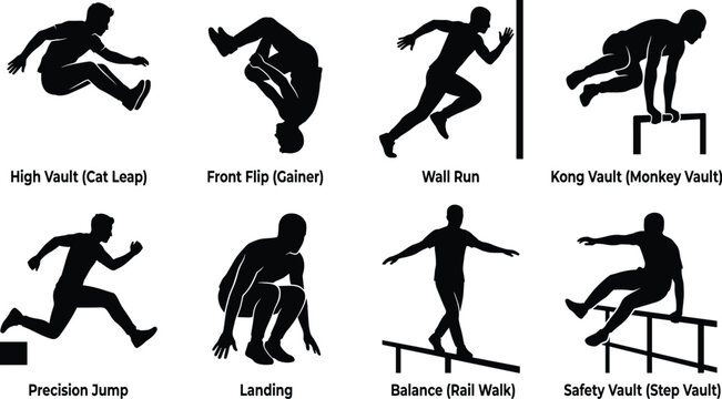 Collection of parkour and freerunning athlete silhouettes performing extreme stunts and jumps isolated on white background