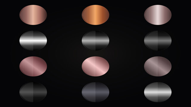 Metallic gradient swatches in rose gold, silver, and bronze. Set of 12 luxury metal texture circles. Elegant chrome and copper color palette for graphic design. Editable Text Effect.