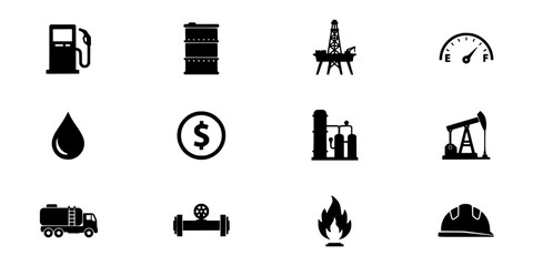 Fototapeta premium Oil Industry Icons Featuring Fuel Pumps, Barrels, Oil Rigs, and Safety Helmets in Black and White Featuring Pump, Barrel, Rig