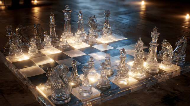 A glowing chessboard with pieces radiating visionary strategy.(2)