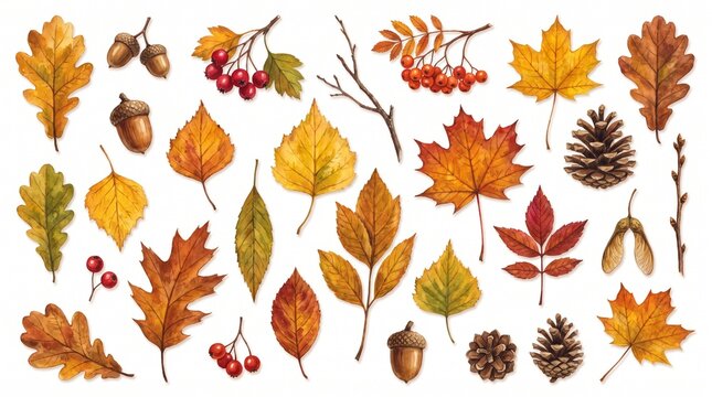 Colorful Autumn Leaves and Nuts Collection.