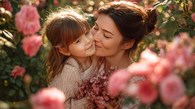 A Mother's Tender Embrace: Amidst a field of delicate pink roses, a mother gently kisses her daughter's cheek, capturing a heartwarming moment of unconditional love and maternal bond.