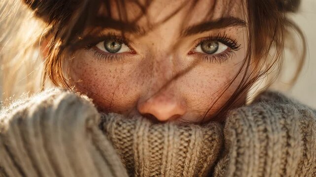 Beautiful young woman with freckles wearing a cozy sweater slowly opening her stunning green eyes
