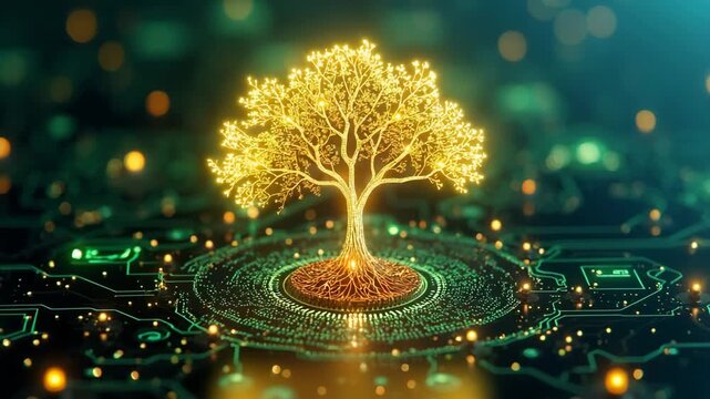 Golden tree grows on glowing circuit board. Branches shine with digital light. Technology meets nature in futuristic setting