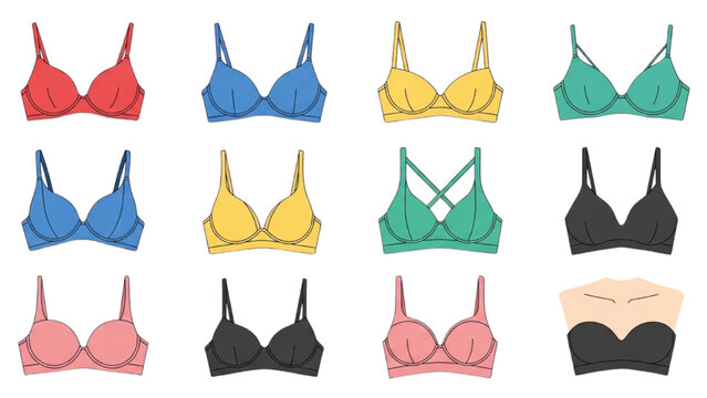 A 2D Vector Illustration of various colorful bras on display