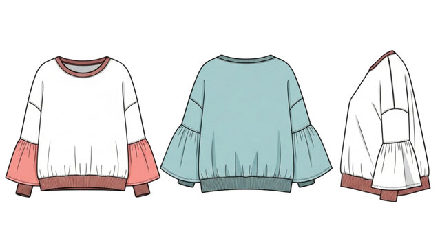 A 2D Vector Illustration of three colorful sweatshirts displayed from front, back, and side views.