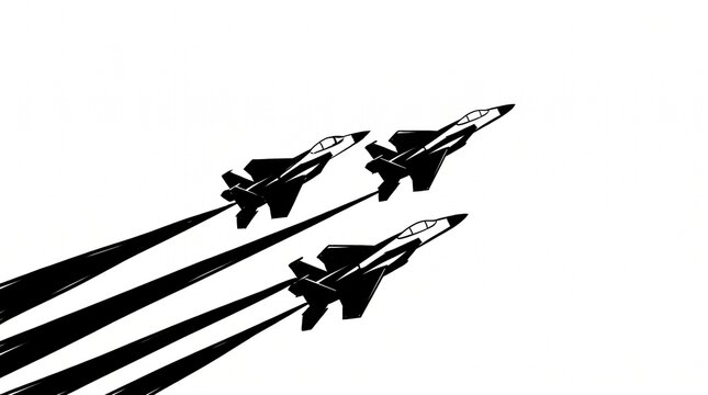 A high-contrast black and white vector graphic depicting a squadron of three military fighter jets climbing steeply in a tight V-formation, leaving bold, solid black exhaust trails behind them.