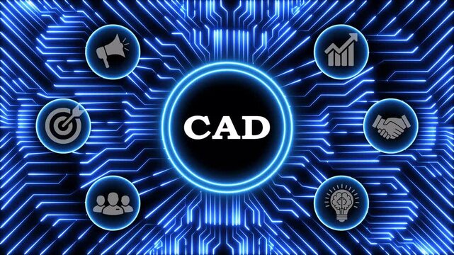 Computer aided design technology concept animation on glowing blue background.