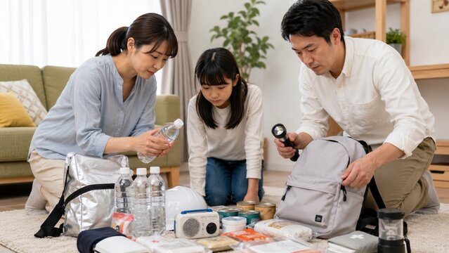家族で防災用品を確認する災害準備の様子