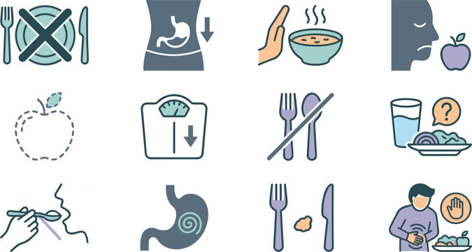 Loss of appetite nausea stomach ache icon set vector color line art anorexia medical disease symptom health infographic