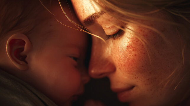 A mother's tender embrace: A close-up of a mother's face nuzzling her infant, bathed in warm, soft light. Capturing the profound bond and unconditional love shared between parent and child.