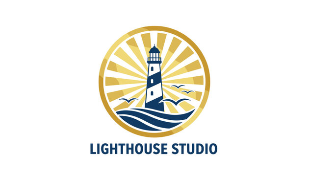 Circular lighthouse studio logo design featuring a classic striped tower with golden sunbeams and ocean waves.