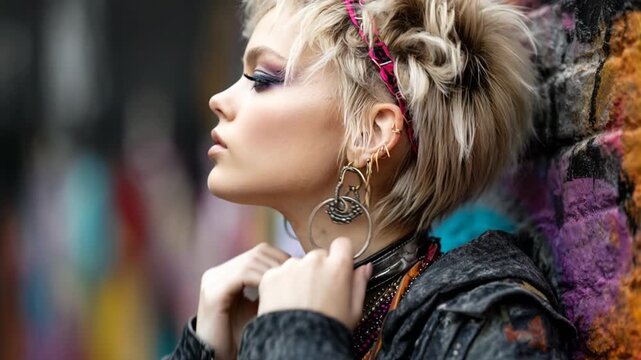 Young woman with blonde hair, punk makeup and piercing posing in a city street against graffiti wall