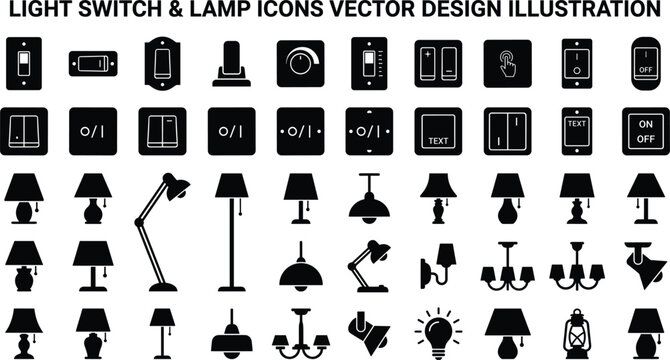 Light switch and lamp icon set containing electric toggles dimmers desk lamps floor lights chandeliers and bulb silhouettes