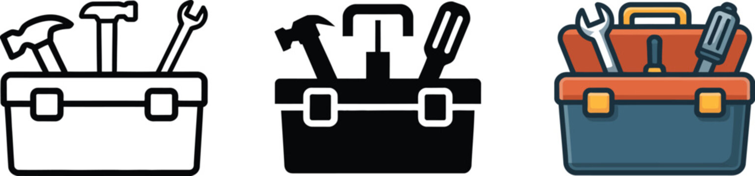 Tool Box Icon in outline, filled, and flat styles featuring equipment storage, technical support, repair tools, and maintenance concepts for graphic applications.