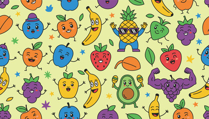 Fototapeta premium Adorable seamless wallpaper pattern featuring cute smiling cartoon fruits like banana, strawberry, pineapple, and apple.