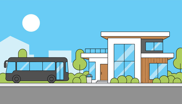Modern real estate concept with a sleek black public bus parked in front of a contemporary luxury smart home.