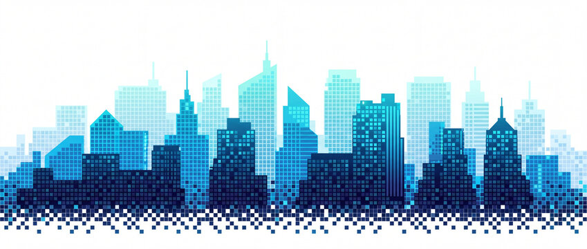 Digital city skyline vector background with blue pixelated skyscrapers and modern high-tech buildings isolated on white for smart city technology and future telecommunication design