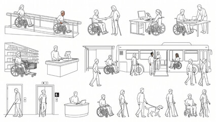 Obraz premium Architectural CAD Accessibility People Collection with Wheelchair Users Greeting Working Shopping Using Ramps and Public Transportation Vector