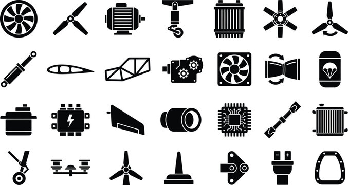 Black and white vector graphic illustration featuring a diverse collection of technical mechanical parts and industrial engineering component icon symbols