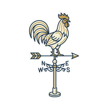 A weather vane featuring a rooster perched on top indicates direction outdoors.