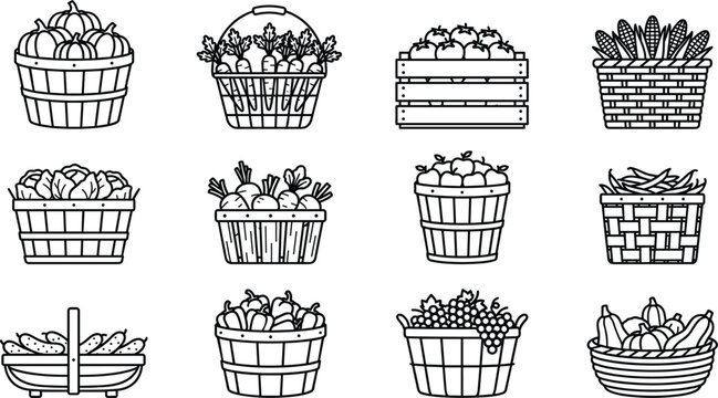 Fresh harvest vegetables and fruits basket icon set showing pumpkins carrots tomatoes corn cabbage radishes apples and grapes outlines