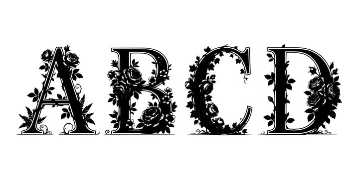 Letters Abcd Adorned with Floral Designs in Elegant Typography Featuring Ornate, Decorative, Lettering with Calligraphy and Black