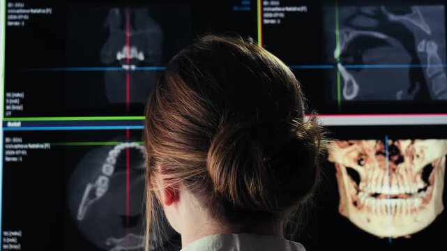 Dentist examining a 3D cone beam CT scan and dental X-ray images on a computer monitor in a modern dental clinic. Diagnosis, oral surgery planning, implantology. High quality 4k footage
