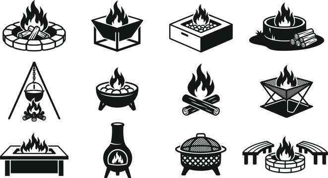 Fire pit campfire backyard barbecue icon set vector black and white outdoor bonfire fireplace silhouette graphic design element