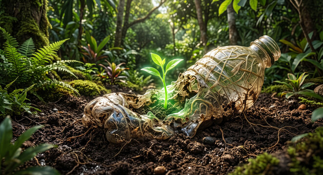 Biodegradable Plastic Bottle Decomposing into Soil Sprout